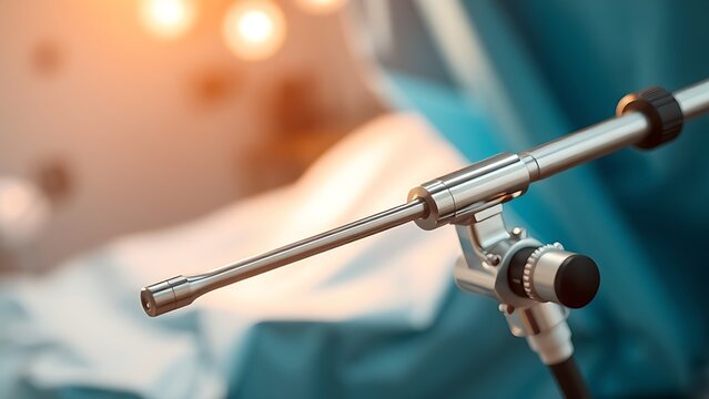 Slender laparoscope with polished metal surface reflecting light, on a medical tray with professional lighting.