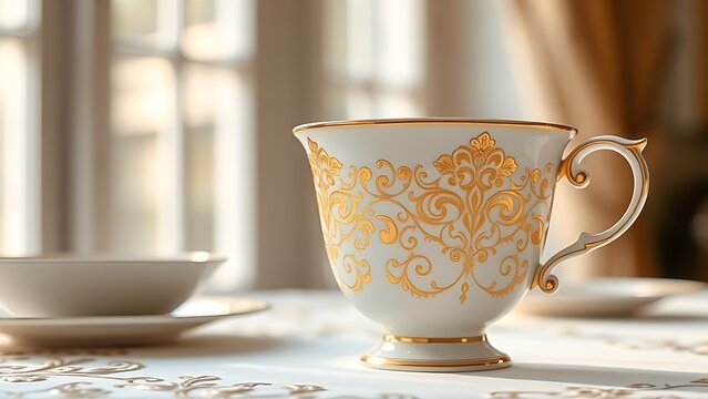 Elegant white porcelain teacup with gold filigree patterns, soft window light highlighting delicate details.