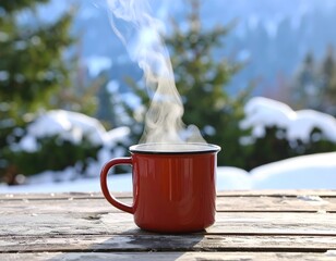 Steaming Cup of Tea on an Outdoor Table in Crisp Cold Weather