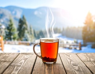 Steaming Cup of Tea on Outdoor Table in Crisp Cold Weather