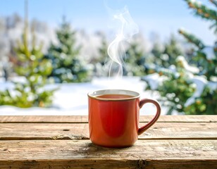 Steaming Cup of Tea on Outdoor Table in Crisp Cold Weather