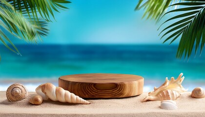 Wooden Product Podium Podium Product Display Mock Up Over The Sea And Beatch Sand Shells And Greenery Eco Product Advertisement