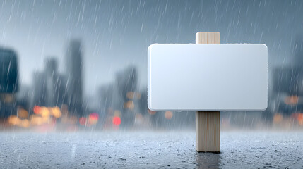Blank Sign in Rainy Cityscape A Moment of Urban Reflection.