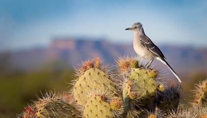 Desert Wildlife Portrait Northern Mockingbird Sits Beautifully On A Prickly Pear Cactus Lit By Morning Light With Texas Wilderness In Soft Colors