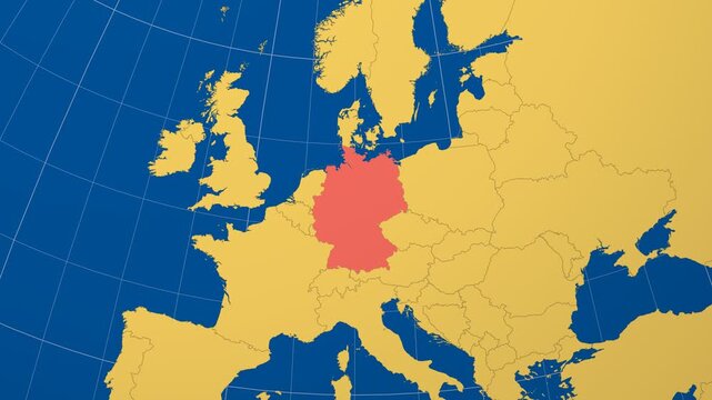 Germany on Globe. Animated zoom into the country in Ocean Blue Golden Yellow color palette. Germany logo animation. Map with meridians, parallels. Neat video.