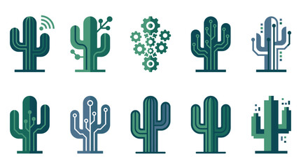 Saguaro cactus vector technology concept icons created with circuit board lines gears and pixel art styles for digital innovation and future eco tech.