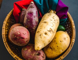 Traditional Woven Basket Filled with Yams and Squash on Colorful Fabric Background