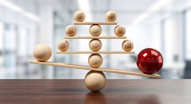 business balance and risk management concept with wooden spheres on scales featuring financial icons and a red ball representing challenge stability and strategic decision making