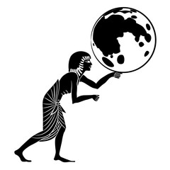 Ancient Egyptian man holding full moon. Fantastic mythological design. Black and white silhouette.