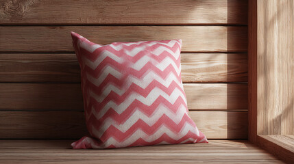 Obraz premium A decorative pillow with a chevron pattern rests on a wooden surface, exuding warmth and comfort