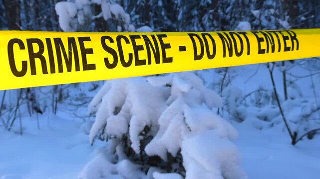 Yellow colored forensic crime scene science and police tape ribbon pulled in front of a white fluffy snow covered forest area while sunshine backlits the tape. Background is slightly bokeh, blurry.