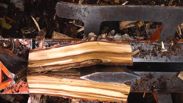 Top down view shows a metal splitter wedge cracking pine logs cleanly in half, revealing fresh wood grain, flying debris, and raw mechanical force.