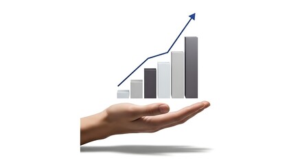 A hand holding a growing bar chart with an upward trend line