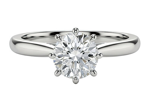 A white gold solitaire ring with a round diamond on a png transparent