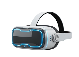 A futuristic VR headset with a sleek, metallic design and glowing blue accents.