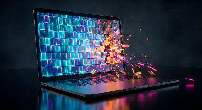 laptop with exploding digital wall of glowing neon cubes and blocks on screen representing data breach system failure cyber attack network security vulnerability and tech chaos