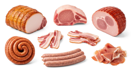 A variety of processed meats and sausages on a png transparent