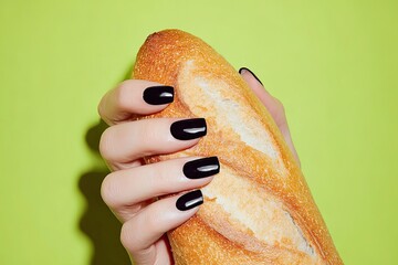 A hand with black nails holds a crispy baguette against a vibrant green background.
