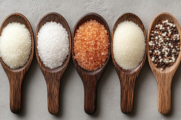 A collection of different types of sugar displayed in wooden spoons on a textured surface.