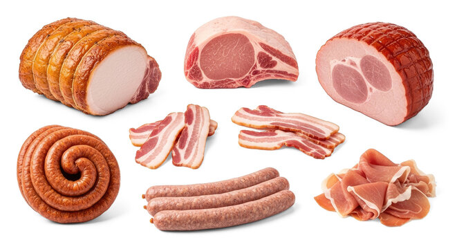 A variety of processed meats and sausages on a png transparent