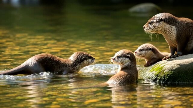 A Group of Otters Swimming Together in a River.