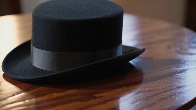 A classic black top hat on a polished wooden table, captured at a low angle. Perfect for vintage or period-themed video projects.