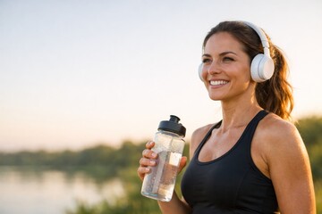 Smiling Woman in Sportswear Enjoying Outdoor Activity with Headphones and Water Bottle at Sunset