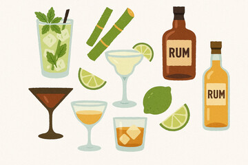 Cuban Drinks and Rum Culture Icon Set Vector Illustration