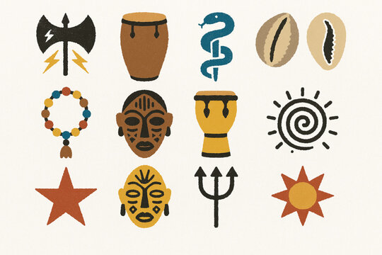 Afro Cuban Culture Spiritual Icon Set Vector Illustration