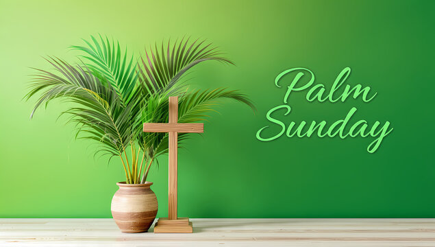 Palm leaves cross vase, palm sunday text, ideal for religious themes, easter, church events, spring celebrations, christian graphics, and decorations.