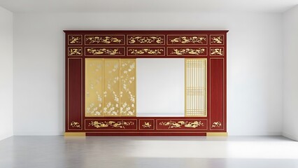Empty square room with Red and gold East Asian wall partition with gold sliding screen.