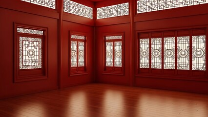 Empty square room with Traditional frames and windows, painted in oriental-themed red, are illuminated by lights on them.