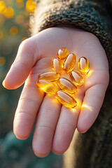 A hand holding shiny golden capsules amidst a soft-focus background, suggesting health and wellness.