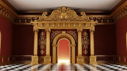 Empty square room with Triumphal Arch. Golden luxury classic arch with columns. The portal in Baroque style. The entrance to the fairy Palace