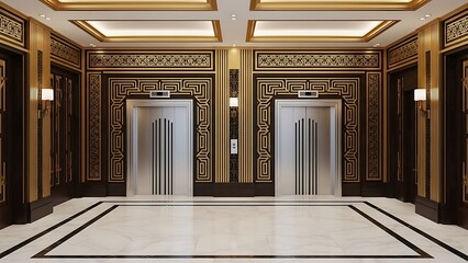 Empty square room with Modern elevator doors in art deco lobby