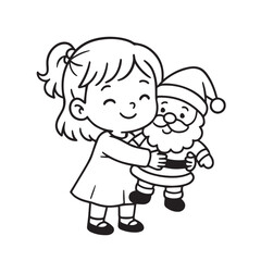 Obraz premium Cute vector illustration of a little woman holding a Santa Claus doll, cheerful Christmas style expressing warmth, joy, holiday spirit, festive happiness, and sweet winter celebration vibes.