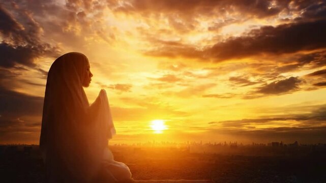 Beautiful timelapse video of a Muslim woman in silhouette praying during a golden sunset with moving clouds. Perfect for Ramadan, Eid al-Fitr, and Islamic spiritual storytelling