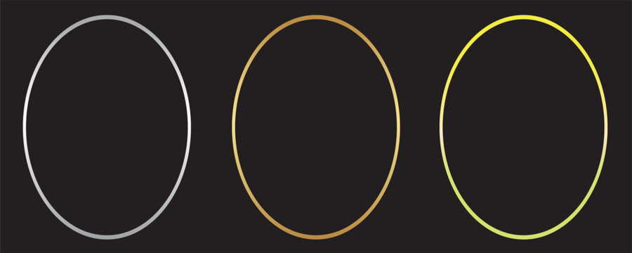 Silver, golden and rose gold thin oval frames. Art deco shiny ellipse borders set. Thin line glowing grey, yellow and pink boarder element collection, birthday decor. Vector. Eps10