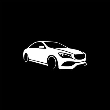 Minimalist white car silhouette logo on a black background
