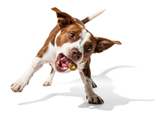 A brown and white dog with a toy in its mouth, running on a png transparent