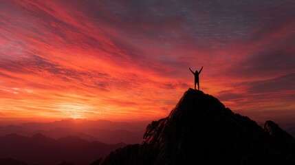 Lone Hiker Celebrates Summit Victory at Fiery Red Sunset Over Mountain Range.