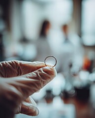 Forensic Expert Examines Ring Evidence with Gloved Hand in Laboratory, Blurred Background of Researchers.