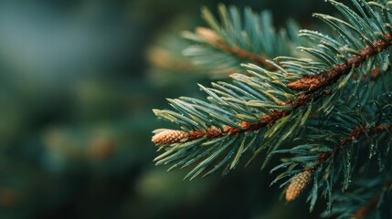 Macro Close-Up of Wet Pine Needles and Young Cone with Soft Bokeh Background.