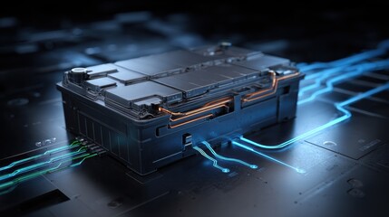 Futuristic Energy Core with Glowing Blue and Green Circuits, High-Tech Power Source Concept