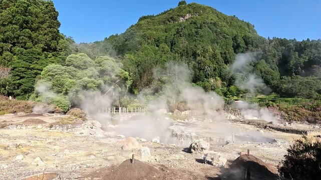 Geothermal fumaroles emitting steam at Furnas, a volcanic caldera known for its hot springs and geysers, Sao Miguel Island, Azores, Portugal