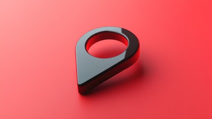 Glossy Black Location Pin on Red Background: Minimalist 3D Render