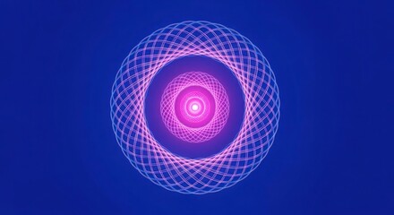 A vibrant pink and purple geometric pattern forms a mesmerizing circular design on a dark blue background