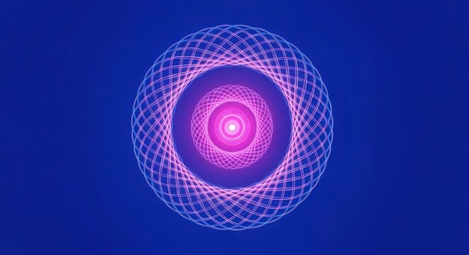 A vibrant pink and purple geometric pattern forms a mesmerizing circular design on a dark blue background - Powered by Adobe