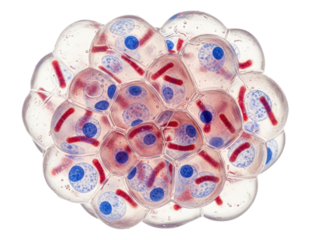 A transparent sphere with red and blue cells inside, possibly representing a biological or cellular structure.