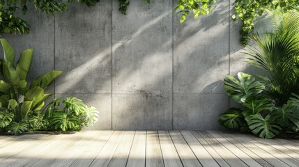 Modern concrete wall with lush greenery and wooden floor